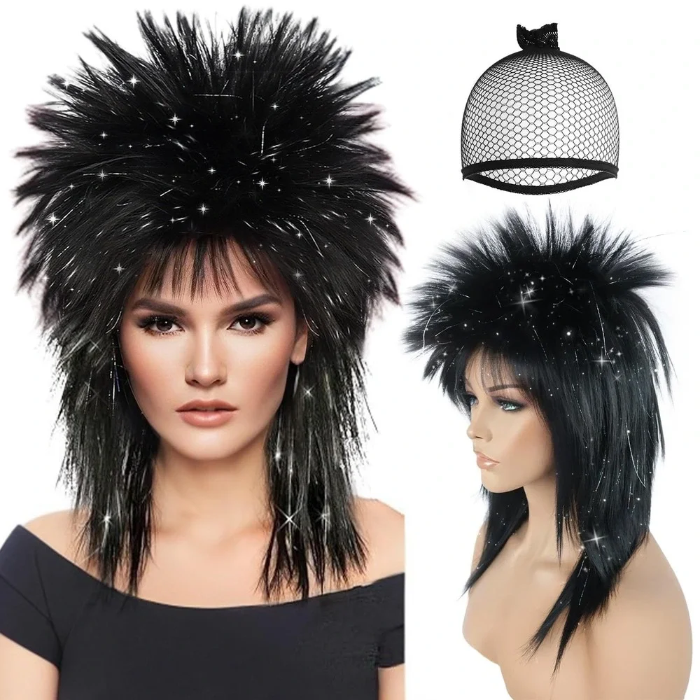 NWT BESTBEL Black Silver Mullet Wig 80s Rocker Punk Costume Unisex